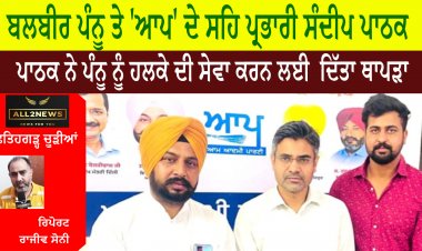 ਬਲਬੀਰ ਪੰਨੂ ਤੇ 'ਆਪ' ਦੇ ਸਹਿ ਪ੍ਰਭਾਰੀ ਸੰਦੀਪ ਪਾਠਕ  - ਪਾਠਕ ਨੇ ਪੰਨੂ ਨੂੰ ਹਲਕੇ ਦੀ ਸੇਵਾ ਕਰਨ ਲਈ  ਦਿੱਤਾ ਥਾਪੜਾ