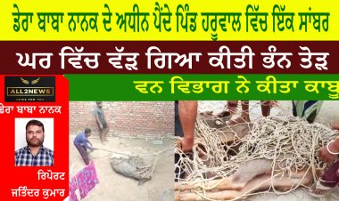 ਡੇਰਾ ਬਾਬਾ ਨਾਨਕ ਦੇ ਅਧੀਨ ਪੈਂਦੇ ਪਿੰਡ ਹਰੂਵਾਲ ਵਿੱਚ ਇੱਕ ਸਾਂਬਰ ,   ਕੁਲਵੰਤ ਸਿੰਘ ਦੇ ਘਰ ਵਿੱਚ ਵੱੜ ਗਿਆ ਕੀਤੀ ਭੰਨ ਤੋੜ